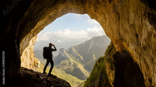 Hiker silhouetted in cave entrance gazes at distant mountain ran