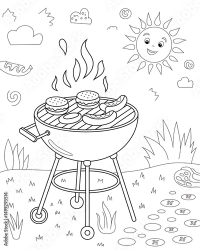 Bbq grill illustration with burgers and sausages sun smiling clouds summer time coloring page for children fourth of july concept