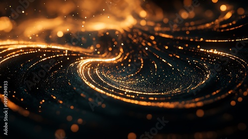 Abstract swirling patterns with glowing particles and a dark background.