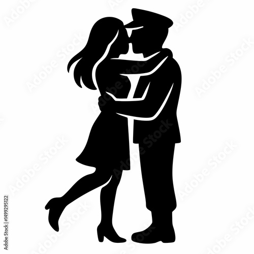 Couple embracing and kissing in military uniform concept of Veterans Day  