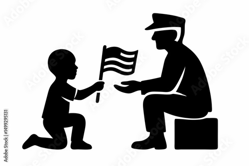 Child presenting American flag to soldier in honor of Veterans Day  
