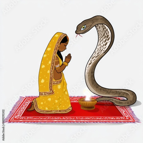 Serpent Nag Panchami prayer - Indian woman, yellow sari, cobra homage, sacred ritual, divine plea, temple offering, pious gesture, ancient culture, spiritual act, traditional devotion