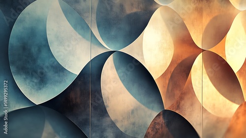 Abstract geometric design with soft curves and gradients in blue, orange, and beige tones.