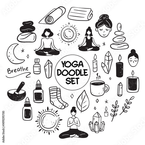 A curated collection of yoga doodles illustrating poses and symbols for wellness enthusiasts