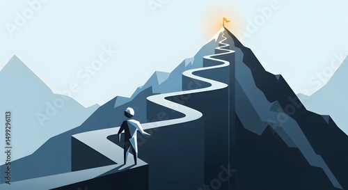 Person at the Base of a Mountain with Winding Path Leading to Glowing Summit
