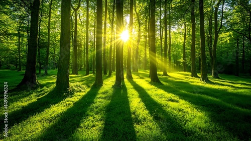 A serene forest scene with sunlight streaming through trees, casting shadows on lush grass.