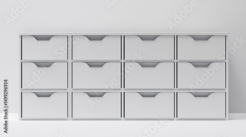 A plain white filing cabinet with drawers of equal size, positioned in center of a white studio set