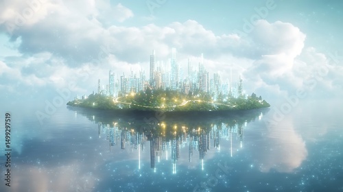 A serene island cityscape with futuristic buildings reflecting in calm waters.
