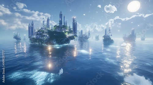 A serene, futuristic landscape featuring floating islands and cityscapes above tranquil waters.