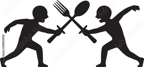 Silhouette of Two Figures Fighting with Fork and Spoon
