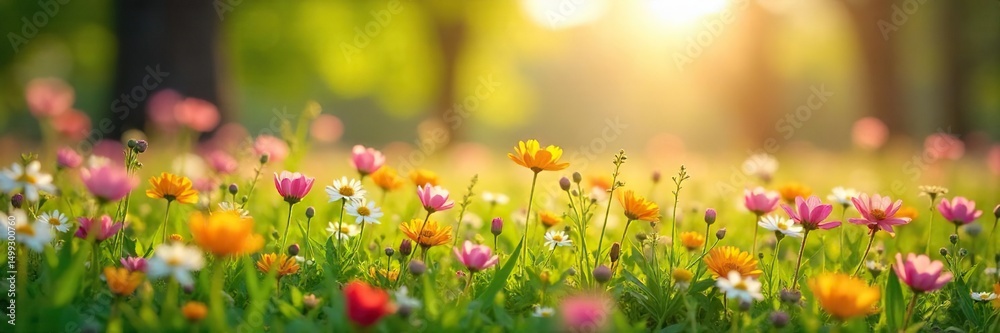 Obraz premium Sun-drenched springtime meadow bursting with wildflowers in full bloom A vibrant scene of nature's renewal, perfect for springtime themes and nature backgrounds , renewal, botanical, day