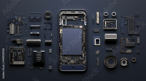 Technical disassembly of smartphone laid out like an engineering diagram, with each part spaced evenly