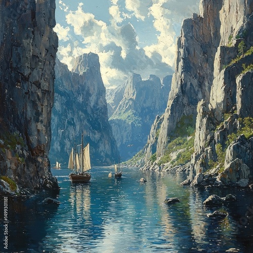Sailing ships with tan sails move through deep fjord surrounded by steep, rocky cliffs and misty mountains under partly cloudy sky. Generative by AI.