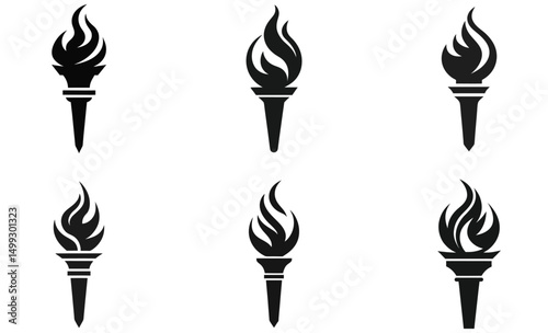 Black Torch Icon Set - Flame Silhouette Symbols for Design and Branding