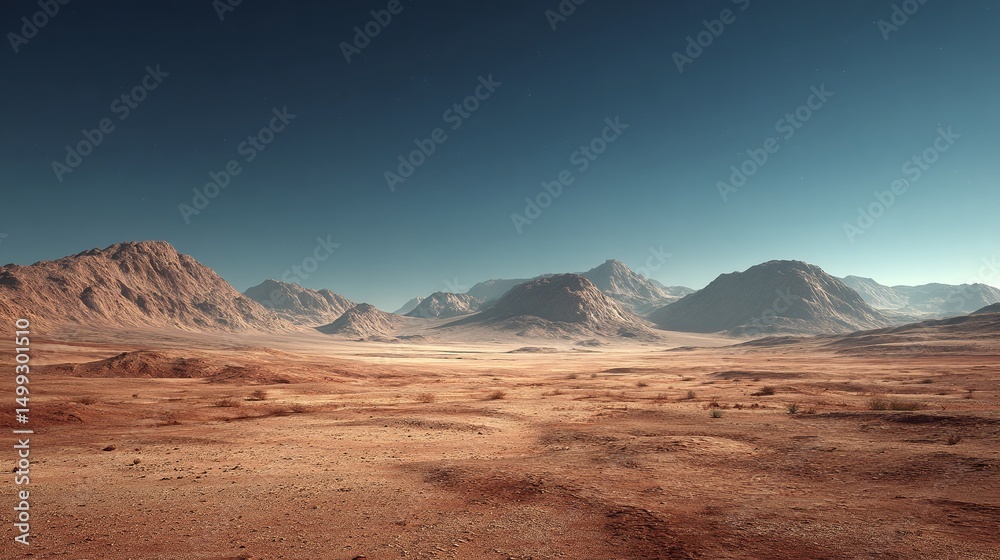 Fototapeta premium Martian landscape with red sand and distant mountains under a clear blue sky. Desert planet exploration. Otherworldly vista. Barren expanse.