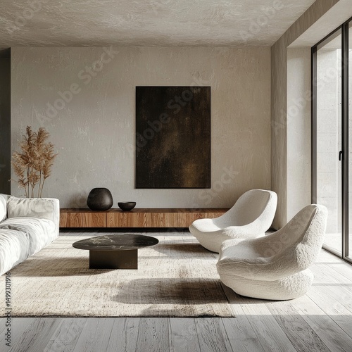 Minimalist living room with abstract art, light wood flooring, white furniture, and floor-to-ceiling curtains in natural light. Generative by AI.