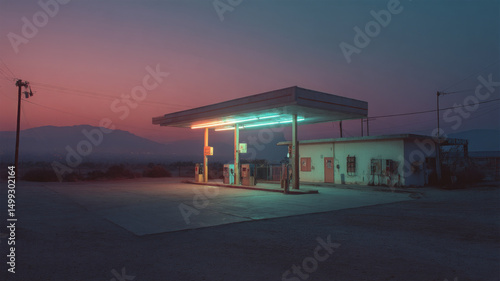 Twilight desert gas station is lonely and still with an eerie glow