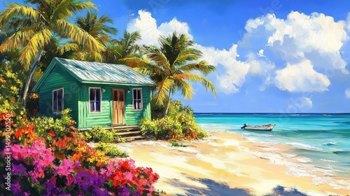 Vibrant beach cottage surrounded by palm trees and flowers on a sunny day by the ocean