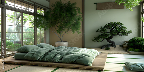 Japanese Style Bedroom with Tatami and Green Bedding
