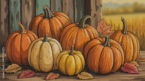 Vibrant graphic of pumpkins with autumn textures