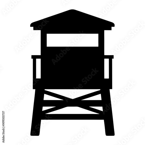 Black Silhouette of a Watchtower Structure on a White Background