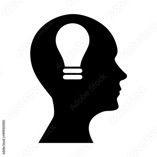 Creative mind with bright idea represented by lightbulb in head silhouette