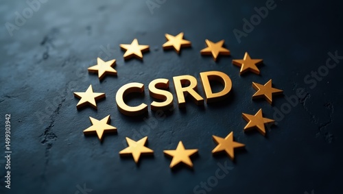 Gold letters of csrd surrounded by stars on a dark background.