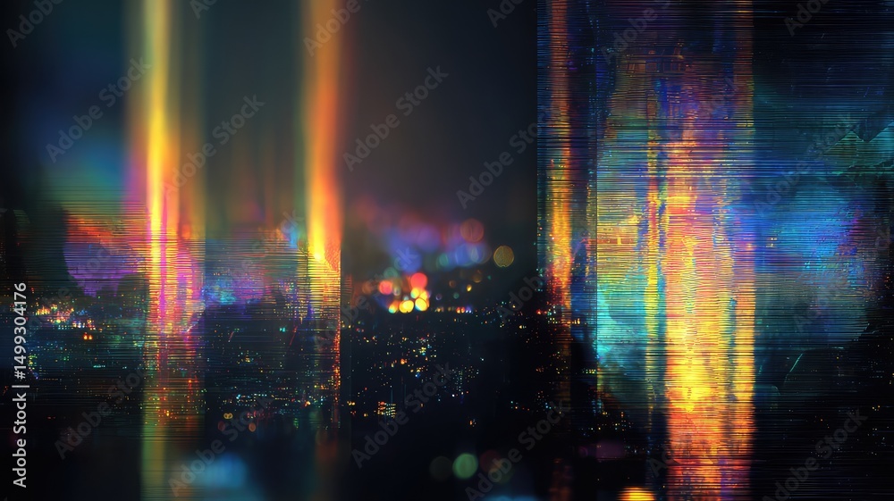 Naklejka premium Abstract cityscape with colorful digital glitch effects and blurred lights, creating a futuristic and artistic atmosphere.