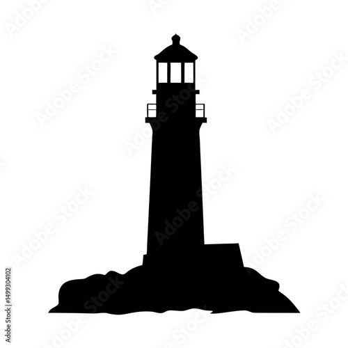 Black silhouette of a lighthouse perched on rocks against white background