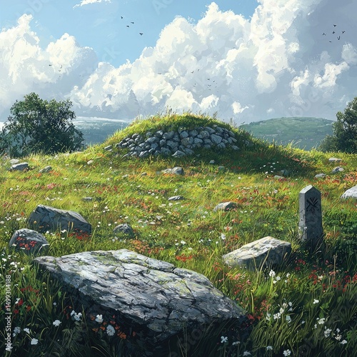 Rolling grassy field with weathered gravestones and rocks under cloudy sky, one marker close to foreground and another atop distant hill. Generative by AI.