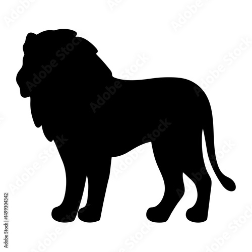 Black silhouette of a majestic male lion standing confidently in profile