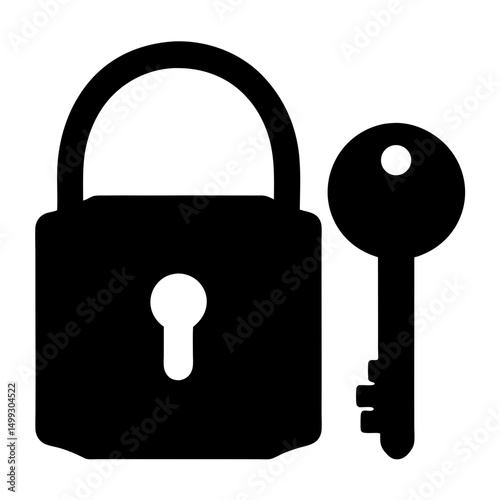 Black silhouette of a classic padlock with a key placed next to it