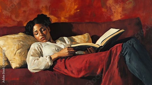 Woman sleeping while man reads on sofa