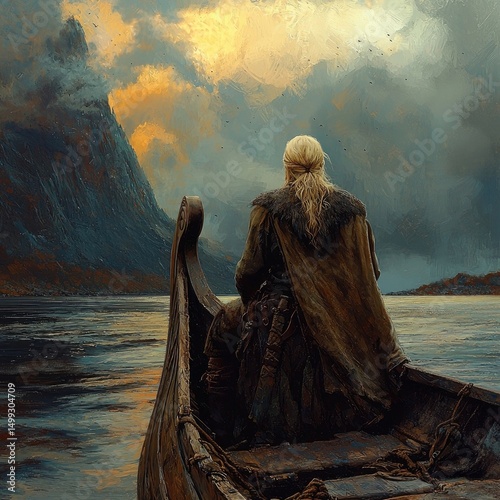 Hooded figure stands at edge of wooden boat looking toward distant coastal fortress across rough sea under dramatic cloudy sky. Generative by AI.