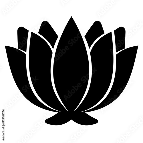 Black and white floral illustration of a blossoming lotus flower symbol
