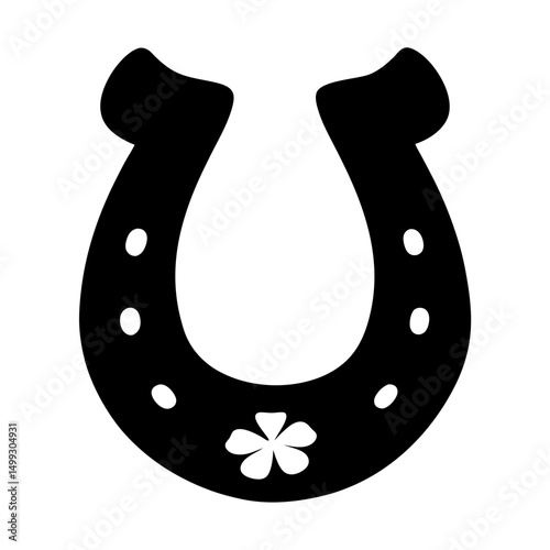 A bold black horseshoe with clover for luck, graphic illustration
