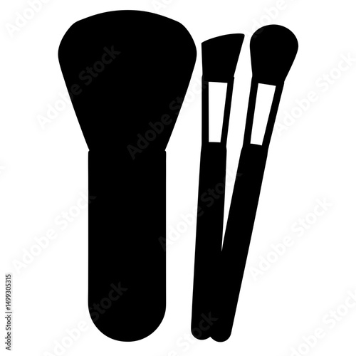 Stylized black and white illustration of three makeup brushes on white background
