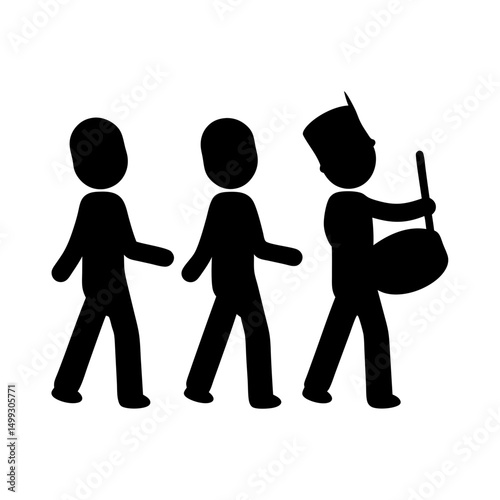 Silhouette of marching band with drummer and people walking in line