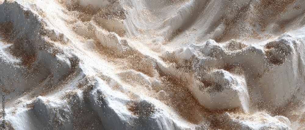 Obraz premium Fine white powder with scattered brown granules, creating a textured and rugged surface resembling a hilly landscape.