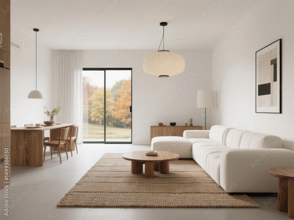 Fototapeta premium Modern Minimalist Living Room with Autumn View