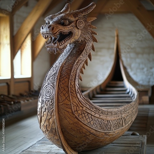 Wooden Viking ship in workshop features intricately carved dragon head prow and decorative patterns along hull. Generative by AI.