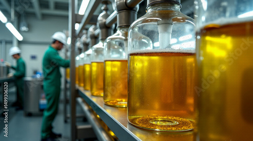 Flax seed oil extraction in a modern facility with transparent pipes showcasing golden oil in eco-friendly production