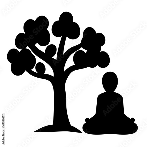 Silhouette of a person meditating under a stylized tree in monochrome