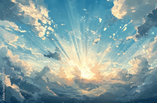 Sky with glowing sunbeams breaking through scattered photo