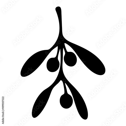 Minimalist graphic illustration of mistletoe with black leaves and berries for decoration