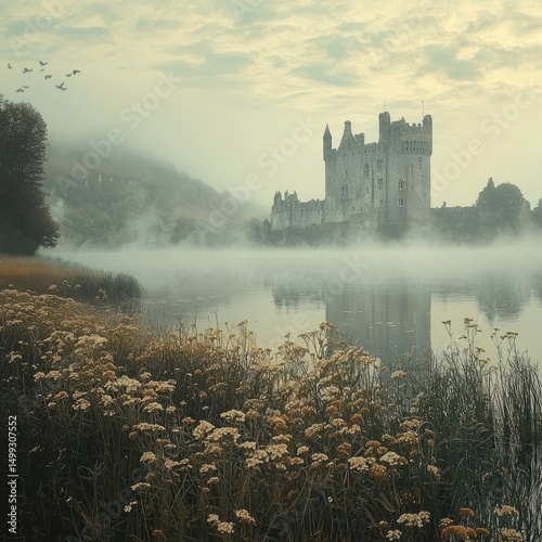 Large stone castle with towers reflected in still lake surrounded by mist, autumn trees and overgrown vegetation. Generative by AI.