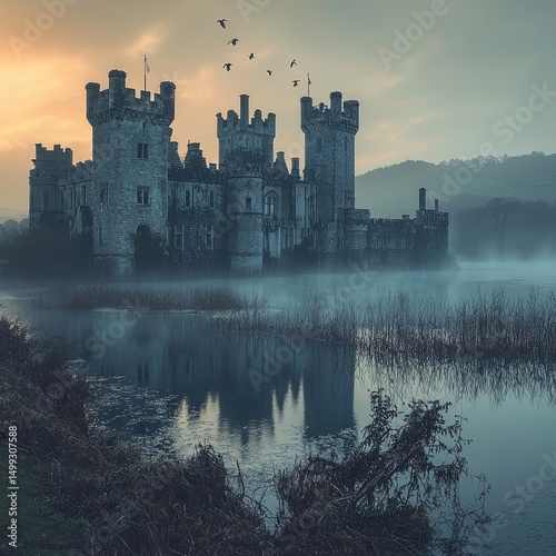 Large stone castle with towers reflected in still lake surrounded by mist, autumn trees and overgrown vegetation. Generative by AI.