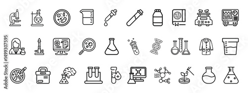 Laboratory related outline icon set. Lab, flask, microscope, syringe, pipette, molecule, sample, test tube, biology and more. Icons for scientific testing, research, websites and health app.