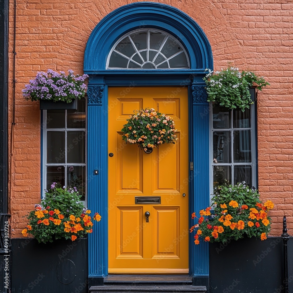 Fototapeta premium Bright yellow door with red frame surrounded by flowers in pots and hanging baskets against black brick wall. Generative by AI.