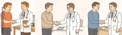 Collection of male doctor and patient shaking hands as a sign of completion of consultation in vector flat design style